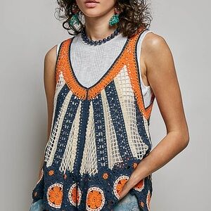 NWT POL Bohemian Indigo Orange Crochet Lace Tank Top One Size